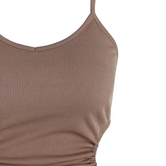 Ribbed V-Neck Waist Side Cutout Tie Ruched Slinky Bodycon Mini Dress Coffee S - Picture 6 of 15